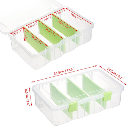 BTSKY Clear Plastic Dividing Storage Box with 4 Compartments Adjustable Storage Bin with Lid Plastic Craft Storage Container Multipurpose Sewing Box Art Supply Organizer, 13.3x8.1x3.4 Inches