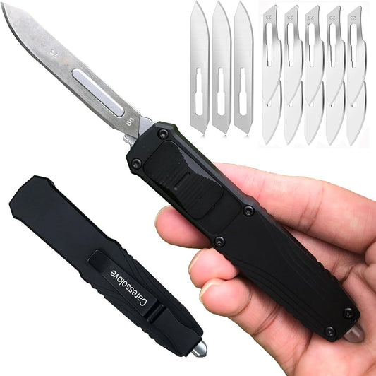 EDC Retractable Scalpel Knife, Fast Open Automatic Utility Knife, Auto Box Cutter with 10PCS #23 and 3PCS 0.4mm thick #60 Scalpel Blades