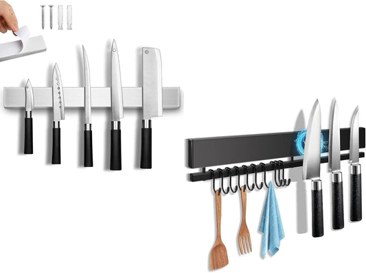 Wall Mount Knife Rack Block Metal Tool Holder for Utensils RV Kitchen Organization, 10 Inch, 16 Inch Magnetic Knife Holder for Wall with 10 Hooks