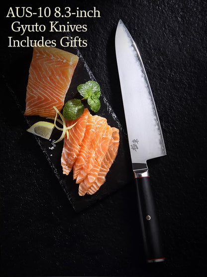 Japan Aichi AUS10 Triple Layer Composite Steel 8-inch Chef's Knife,Gyuto，Meat Cleavers，G10 Handle, Forged Kitchen Knife，Black Walnut Knife Sheath Set