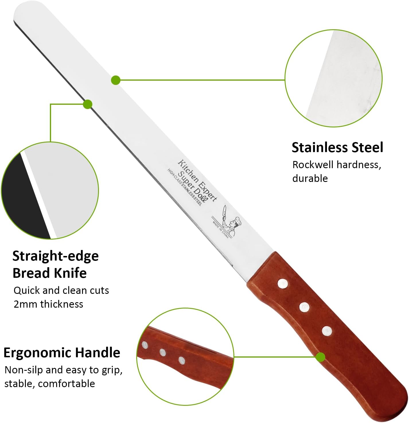 Bread Knife, Stainless Steel straight-edge Bread Knife for Homemade Bread, Cakes & Bagels, 10 Inch Kitchens Knifes Saw Breads Cutter, Bagel Sourdough Slicer Knifes with Wooden Handle