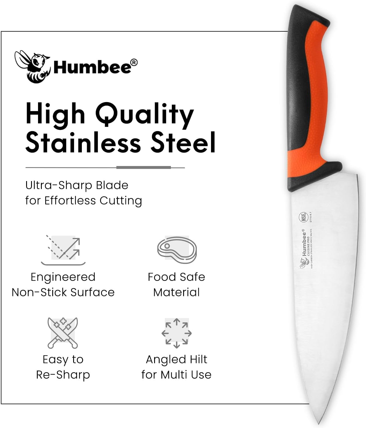 7.5-Inch Nakiri Knife, High Carbon Stainless Steel Hollow Grind Blade, Razor Sharp Edge, Ergonomic Non-Slip Handle, Cleaver Style, DT-50 Series, Orange