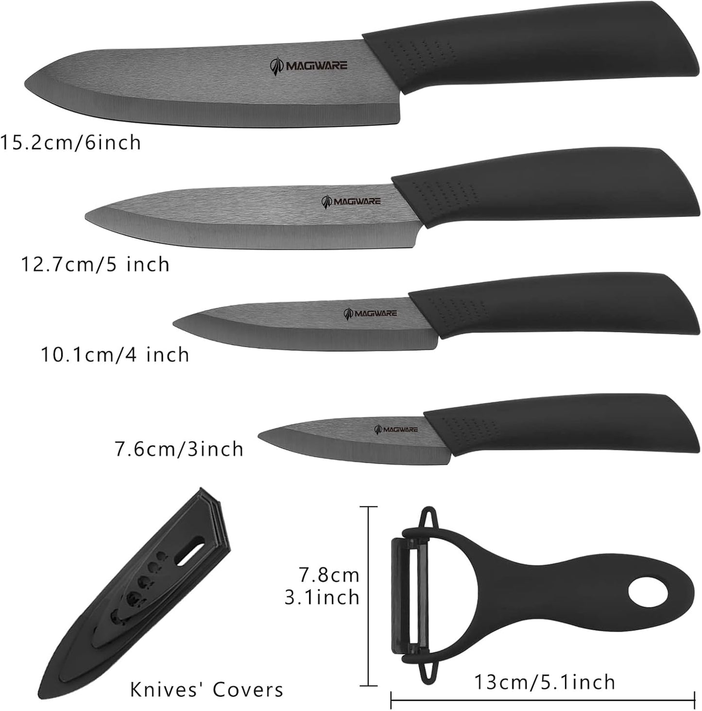 Magiware Ceramic Knives, Ceramic Knife Set with Sheaths Cover -Sharp Longer Never Rust (include 6 Inch Chef Knife, 5inch Utility Knife, and 4 Inch Paring Knife