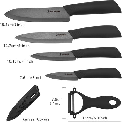 Magiware Ceramic Knives, Ceramic Knife Set with Sheaths Cover -Sharp Longer Never Rust (include 6 Inch Chef Knife, 5inch Utility Knife, and 4 Inch Paring Knife