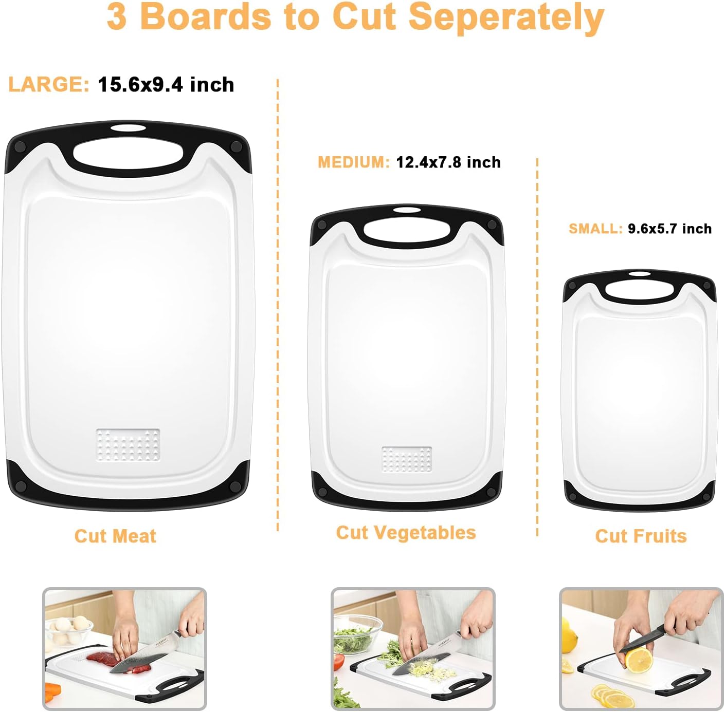 Viretang Plastic Cutting Boards Set of 3 for Kitchen, Thick Chopping Board with Deep Juice Grooves, Non‑Slip Feet, Easy Grip Handle, BPA Free, Dishwasher Safe,Black