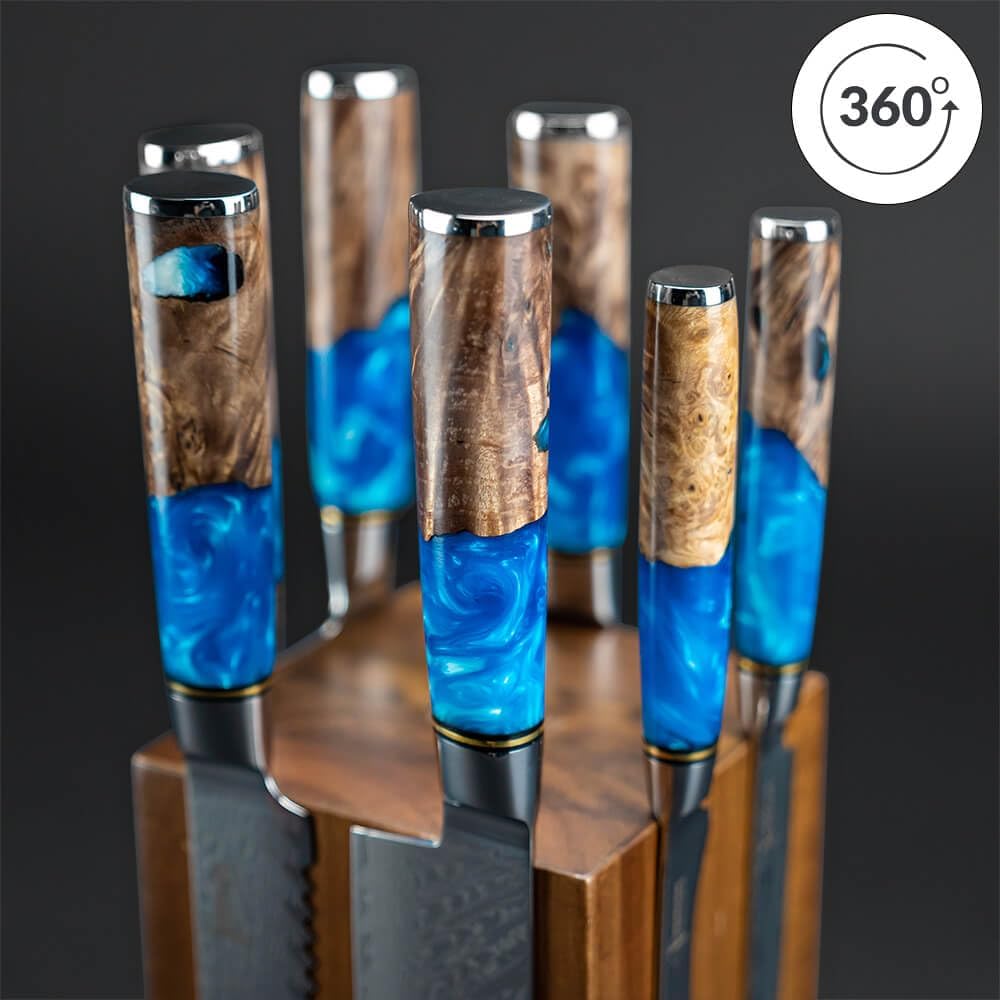 SENKEN Rotating Magnetic Knife Block without Knives, Natural Acacia Hardwood - 360 Degrees Rotation - Ultra Strong Neodymium Magnets, Universal Knife Holder & Storage (Block with Steak Knife Slots)