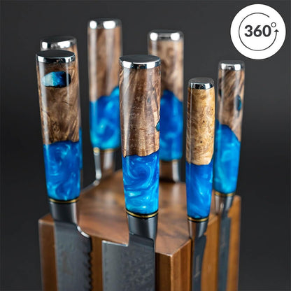SENKEN Rotating Magnetic Knife Block without Knives, Natural Acacia Hardwood - 360 Degrees Rotation - Ultra Strong Neodymium Magnets, Universal Knife Holder & Storage (Block with Steak Knife Slots)