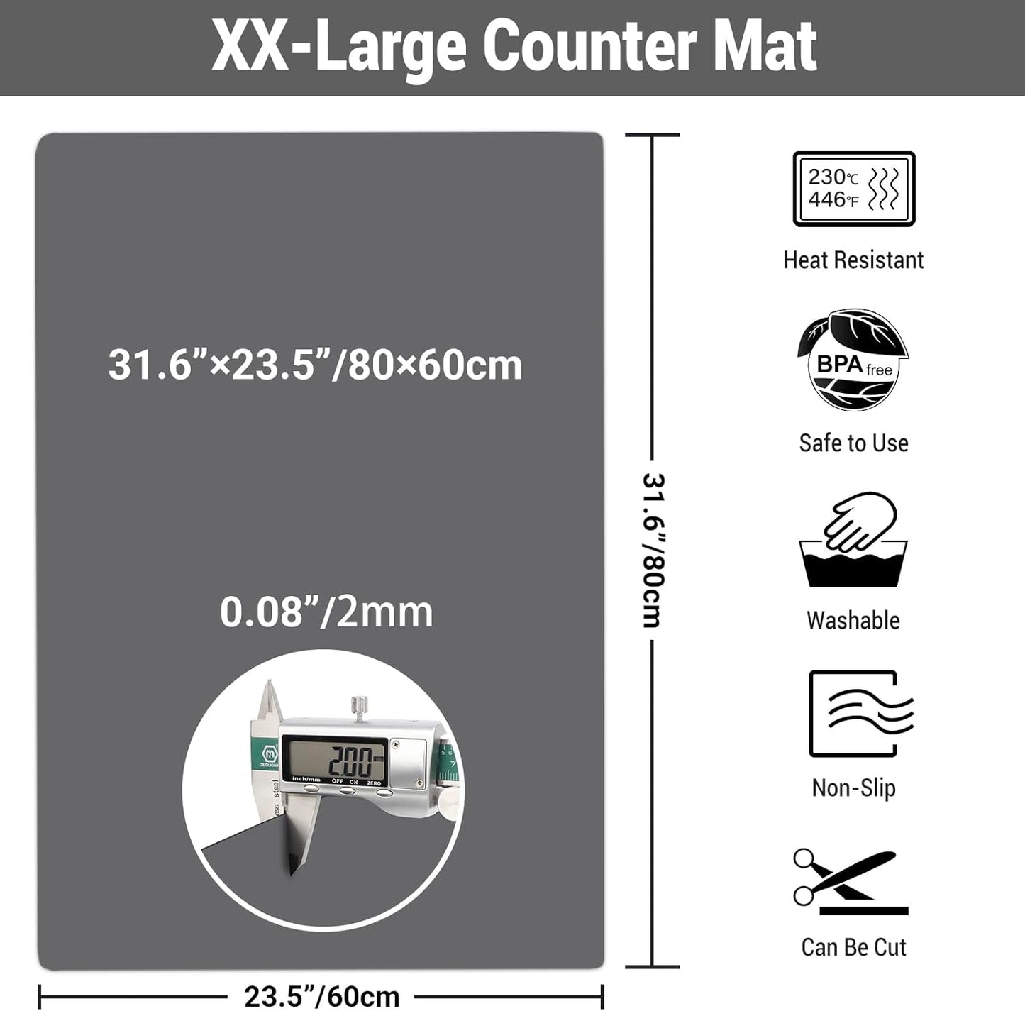 Ewen 35.6x23.5 Inch Extra Large Silicone Mats for Kitchen Counter, 2MM Thick Heat Resistant Coffee Mat Bar Mat, Glass Top Stove Cover Countertop Protector for Air Fryer, Baking, Crafts, Black