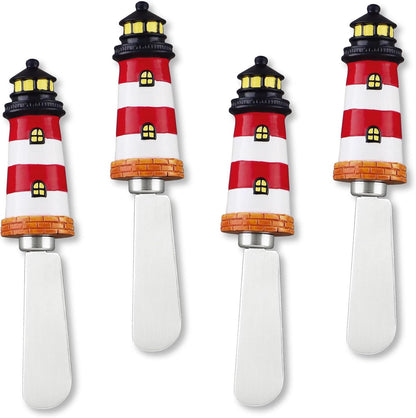 UP UPware Black Lighthouse Cheese Spreaders, Hand-Painted Resin Handles with Stainless Steel Blades for Spreading Cream Cheese, Butter, Jam, or Sandwich, Set of 4
