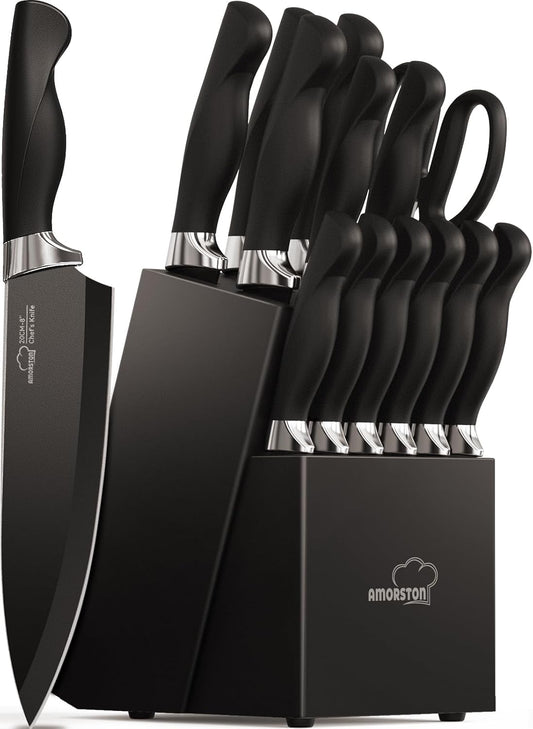 Amorston Knife Set, 15 Pieces Knives Set for Kitchen Knife Set with Block and Sharpener, Dishwasher Safe Knife Block Set German Stainless Steel Kitchen Knife Sets for Apartment New Home Housewarming