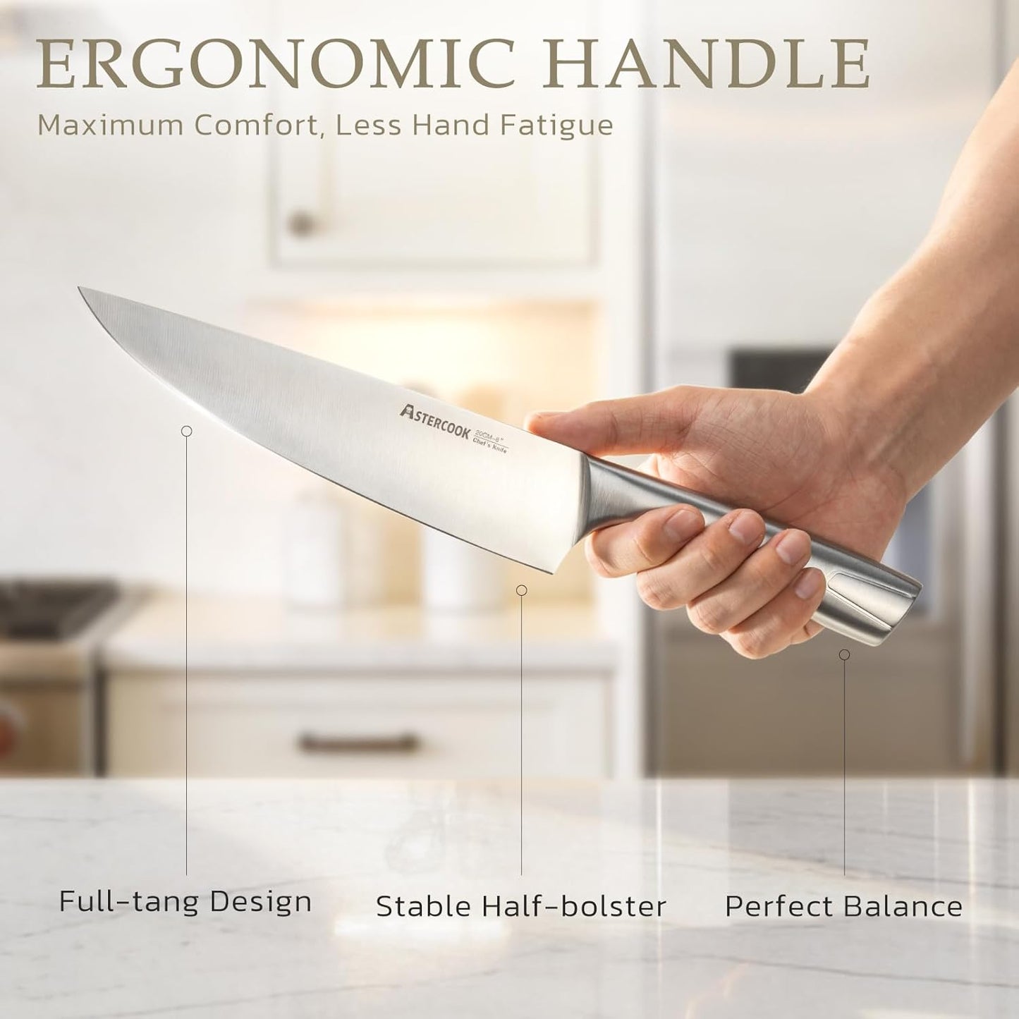 Astercook Knife Set, Kitchen Knives Set with Block and Sharpener Full Tang 15 Pcs Premium Stainless Steel Knives, Dishwasher Safe Knife Set with Anti-slip Ergonomic Handle, Black, Mothers Day Gifts