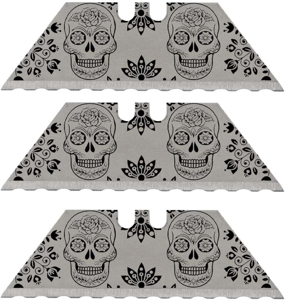 NDZ Performance Serrated Steel Blade Replacement for Utility Knife & Box Cutters, Custom Double Sided Laser Engraved Designs, Silver - Skull - 3 Pack