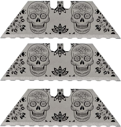 NDZ Performance Serrated Steel Blade Replacement for Utility Knife & Box Cutters, Custom Double Sided Laser Engraved Designs, Silver - Skull - 3 Pack