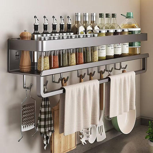 Wall mount Carbon steel Kitchen utensils seasoning spice storage rack, oil salt, sauce vinegar condiment storage rack, Bathroom toiletries organizer with mobile hooks (1 Pack (with bar and hooks))