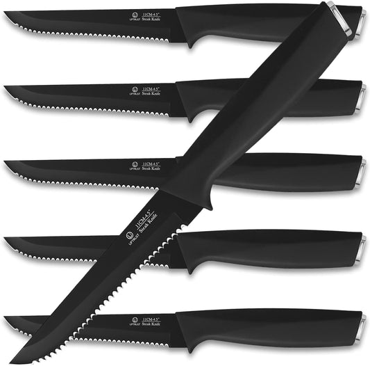 UPTRUST Steak Knives Set of 6, High-Carbon Stainless Steel Serrated Steak Knife Dishwasher Safe, Elegant Black