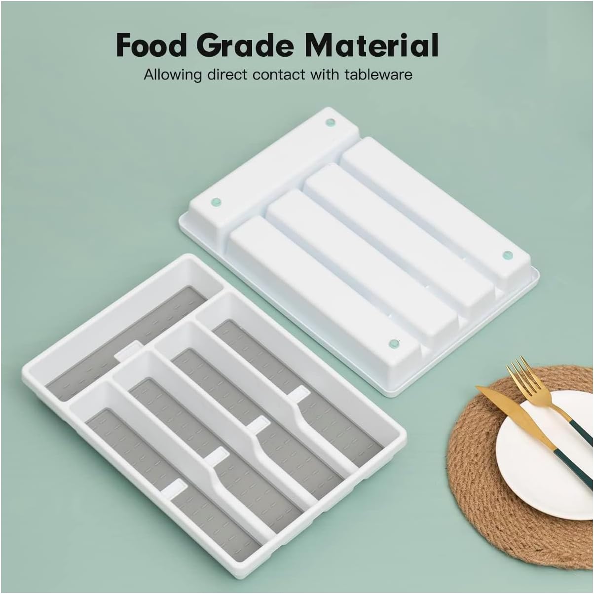 Cutesun Silverware Organizer for Drawer, Desktop Plastic Kitchen Storage, Cutlery Storage for Kitchen Drawer, Flatware and Utensil Holder Divider for Spoons Forks Knives Tableware, 5 Compartment, Gray