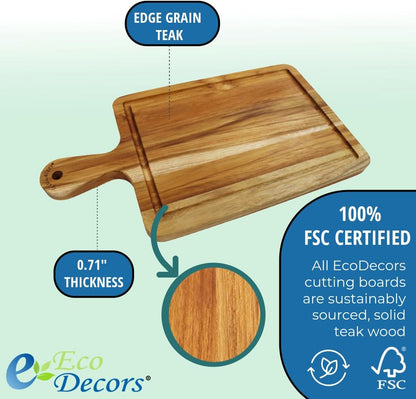 EcoDecors 18"x14" Extra Large Teak Cutting Board, Edge Grain Wood with Juice Groove & Handle, FSC Certified for Kitchen, Carving & Butcher Block Prep