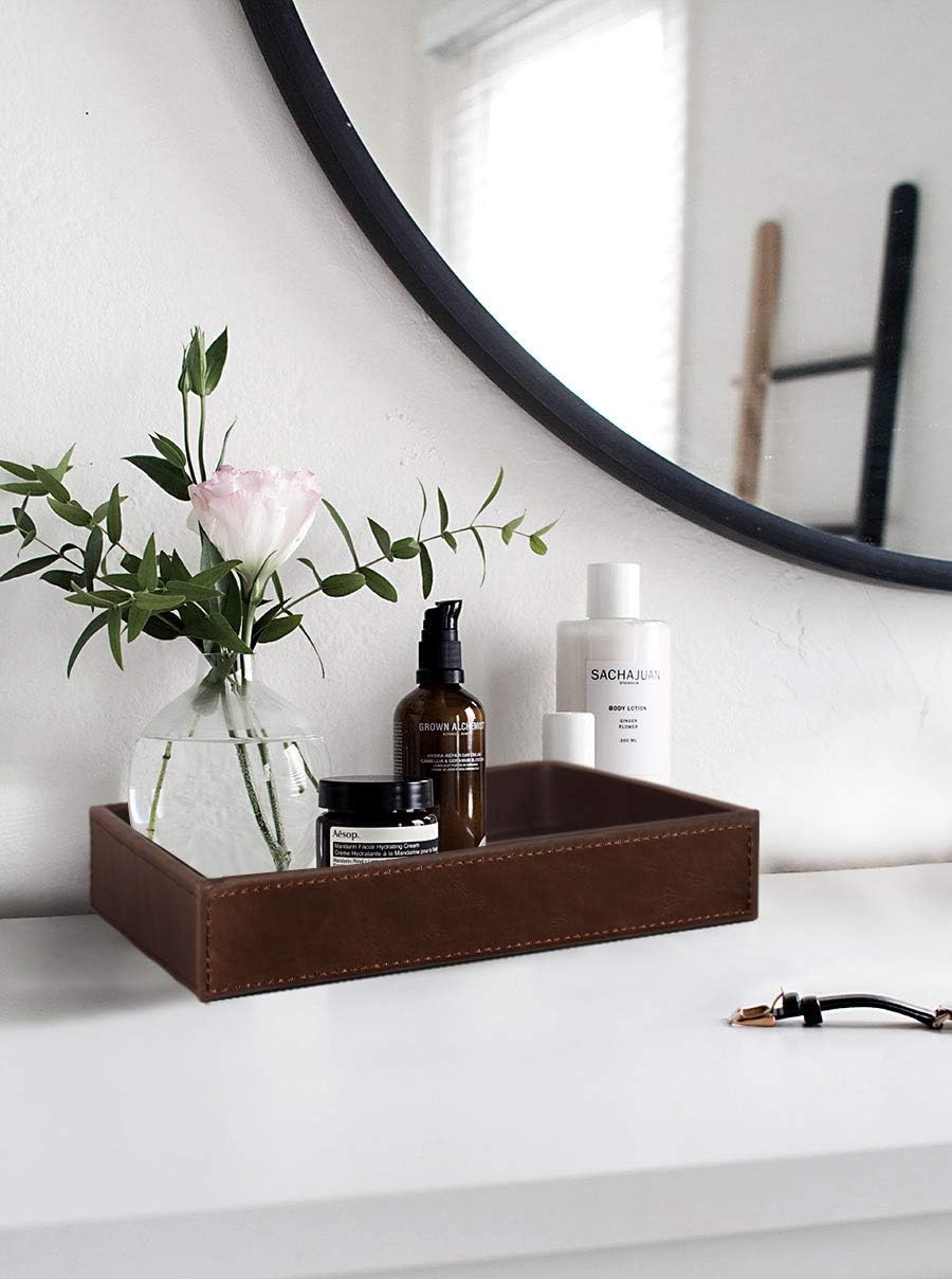 HofferRuffer Faux Leather Vanity Tray, Elegant Desktop Storage Organizer, Decorative Catchall for Perfume, Bathroom Valet, Nightstand or Dresser, 10.2 x 8.4 x 1.8 inches (Grey Stripe)