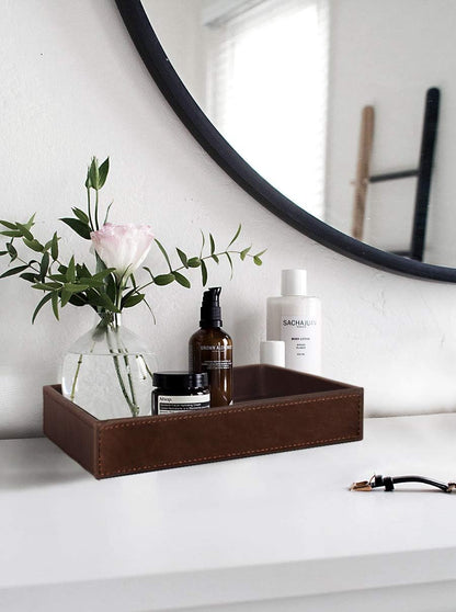 HofferRuffer Faux Leather Vanity Tray, Elegant Desktop Storage Organizer, Decorative Catchall for Perfume, Bathroom Valet, Nightstand or Dresser, 10.2 x 8.4 x 1.8 inches (Grey Stripe)