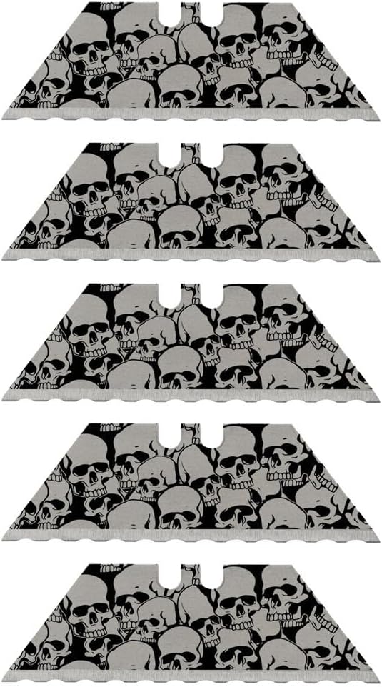 NDZ Performance Serrated Steel Blade Replacement for Utility Knife & Box Cutters, Custom Double Sided Laser Engraved Designs, Silver - Skull - 3 Pack