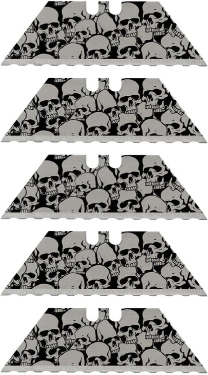 NDZ Performance Serrated Steel Blade Replacement for Utility Knife & Box Cutters, Custom Double Sided Laser Engraved Designs, Silver - Skull - 3 Pack