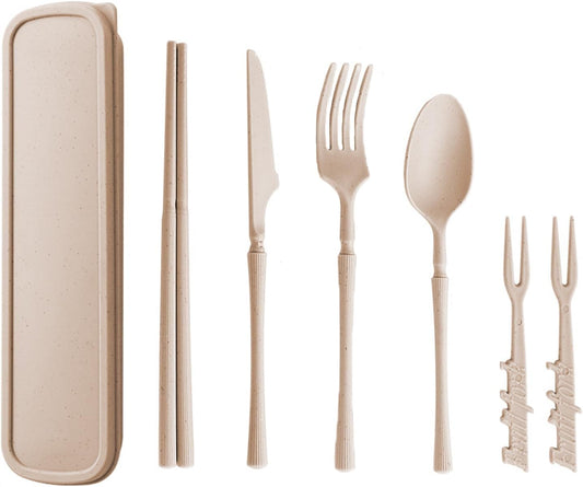 1 Set Wheat Straw Reusable Travel Utensils Set with Case, Portable Camping Cutlery Includes Fork, Knife & Spoon for Adults, Picnic, Lunch Box & Daily Use