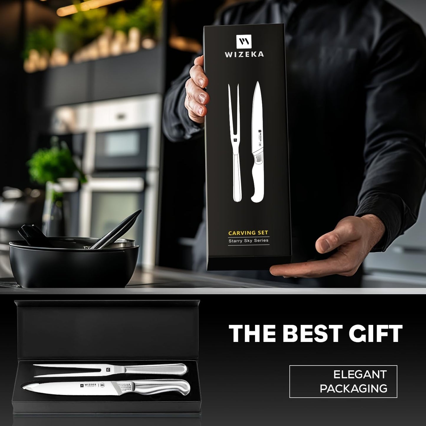 WIZEKA Kitchen Knife Set with Block: 15PCS German Stainless Steel Knife Block Set,One-Piece Design Knives Set for Kitchen, Professional Knife Set with Built-in Sharpener,Starry Sky Series Mothers Day