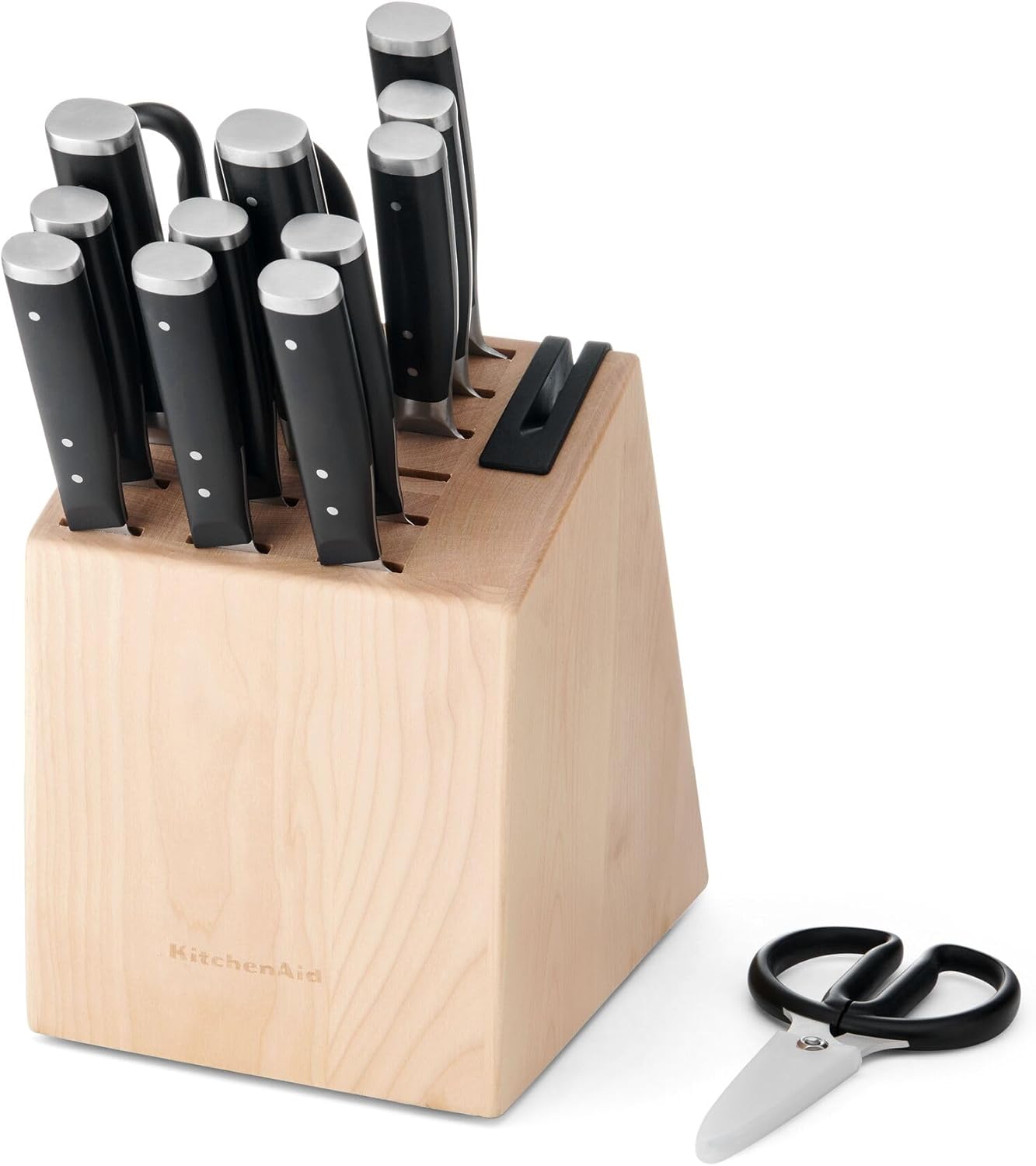 KitchenAid Gourmet Forged Triple Rivet Knife Block Set with Built-in Knife Sharpener, High Carbon Japanese Stainless Steel Kitchen Knives, Sharp Kitchen Knife Set with Block, Birchwood, 14-Piece