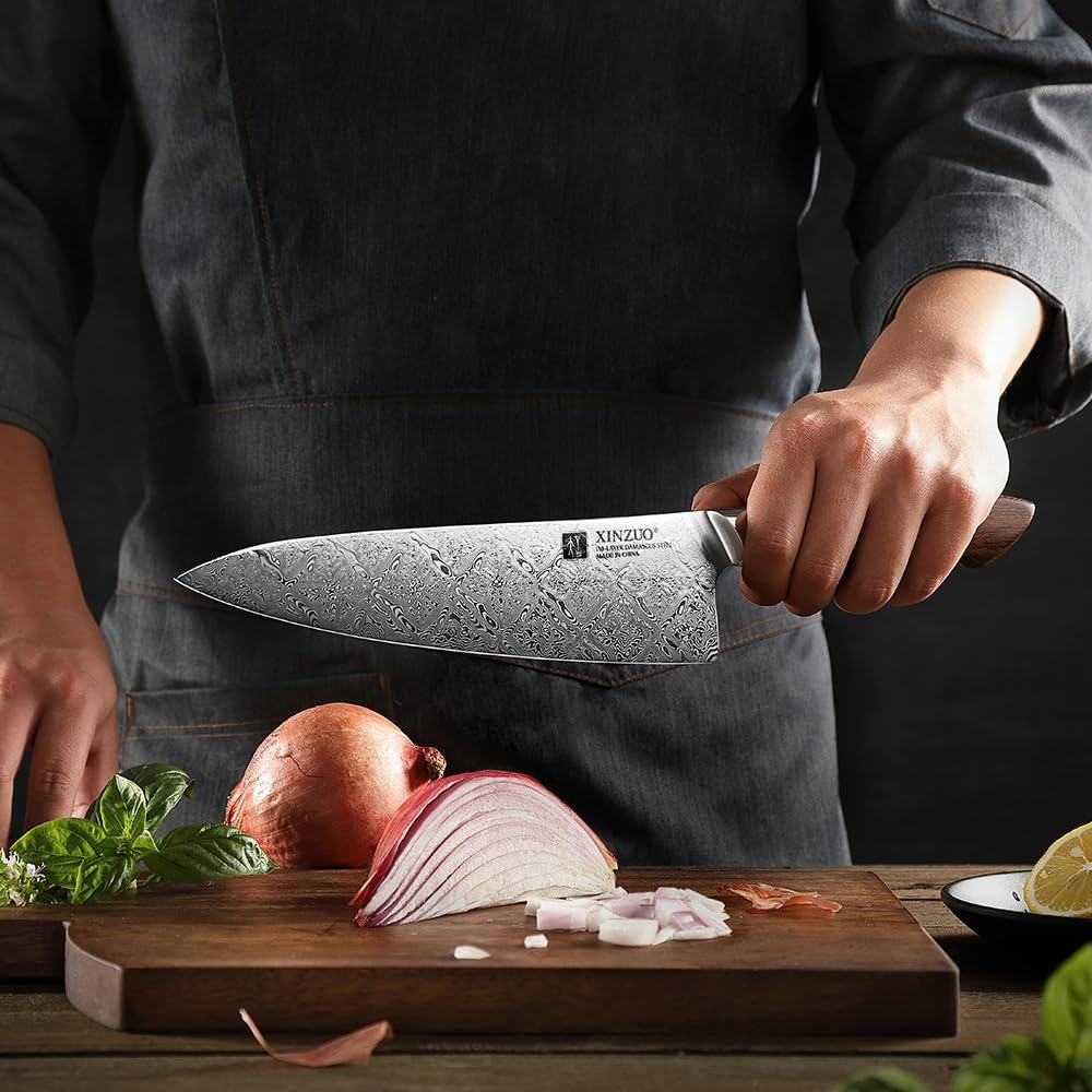 XINZUO 8.3 Inch,110 Layers Damascus Steel Chef Knife Cleaver, Professional Hand Forged Kitchen Cooking Knife,Full Tang,Sharp Slicing Knife Gyuto Knife-North America Desert lron Wood Handle