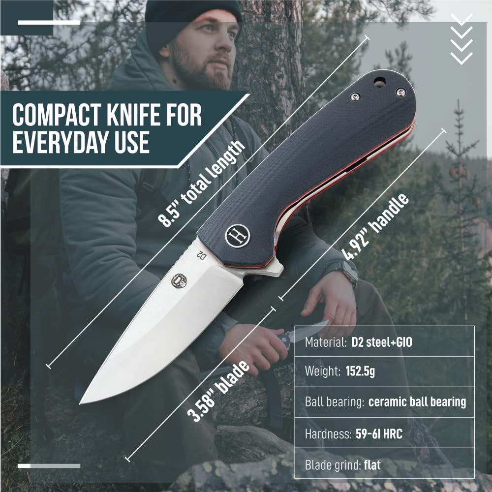 Holtzman's Gorilla Survival Peasant Folding Knife with G10 Tactical Handle, D2 Steel Blade, Gift Box Set (Black+Blue) - Great for Everyday Carry
