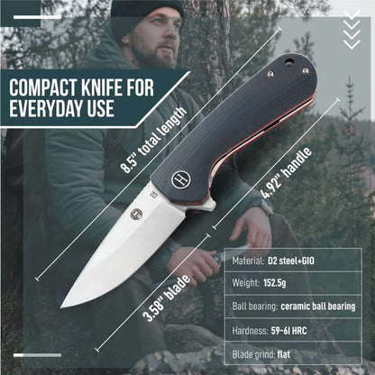 Holtzman's Gorilla Survival Peasant Folding Knife with G10 Tactical Handle, D2 Steel Blade, Gift Box Set (Black+Blue) - Great for Everyday Carry