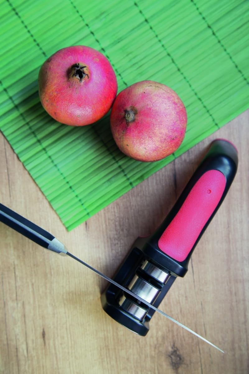 Arcos Sharpeners Manual Knife Sharpener tool. Made of ABS + TPE. Carbide and Ceramic Rollers. Keep Your Knives Razor Sharp. Black and Red Color