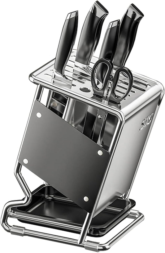 Stainless Steel Knife Block without Knives, Knife Storage with 9 Slot, Universal Knife Holder with Removable Drip Tray, Butcher Block Knife Stand for Easy Kitchen Storage, Gray