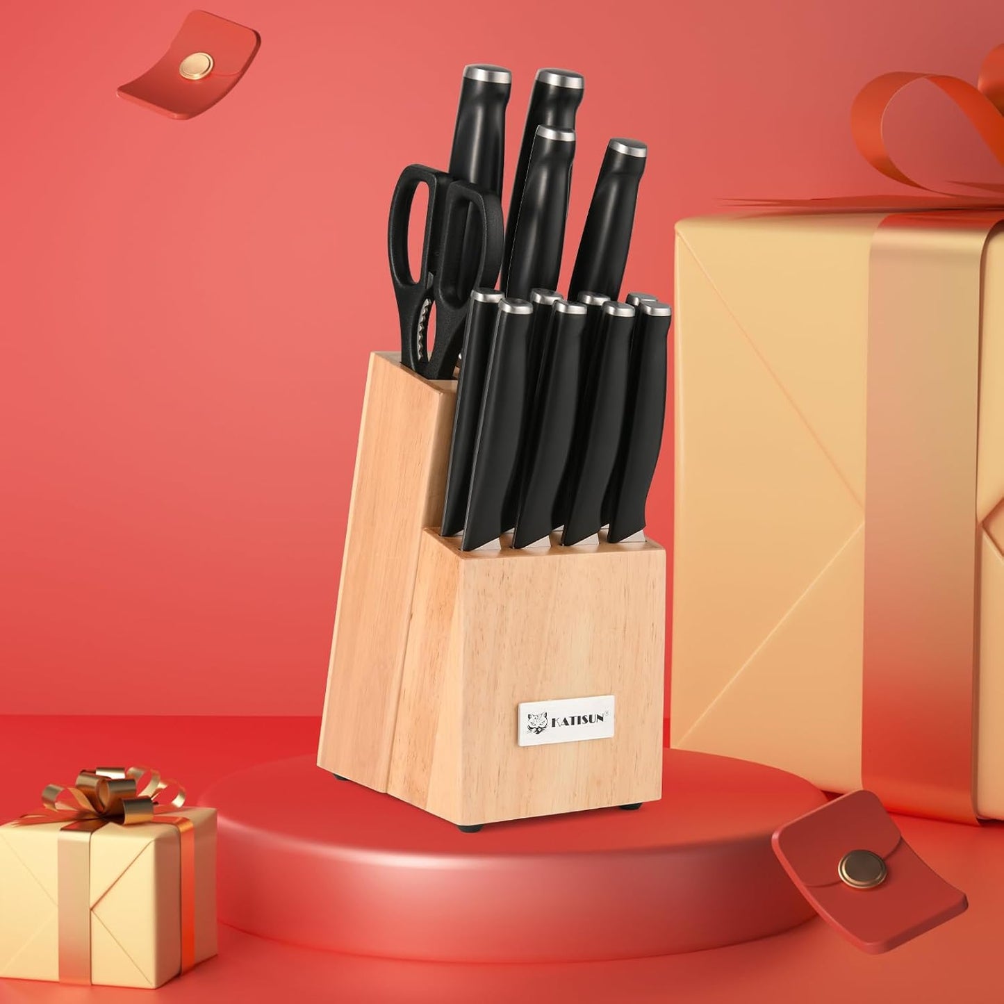 Kitchen Knife Set,14-Piece Knife Set With Block Wooden, Self Sharpening For Chef Knife Set, High Carbon German Stainless Steel Hammered Collection Knife Block Set, Dishwasher Safe Cutlery, Cream