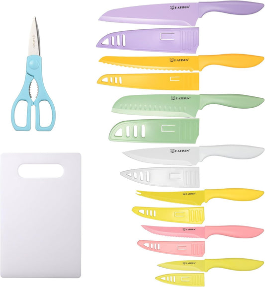 Knife Set with Kitchen Cutting Board，30 Piece Colour Coding Stainless Steel Boxed Knives Set with Kitchen Shears，14 Knives with 14 Blade Covers，Anti-Rust and Dishwasher Safe