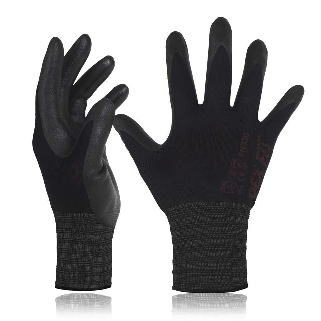 DEX FIT Nitrile Work Gloves FN330, 15-Gauge 3D Snug Stretch Fit, Touchscreen, Power Grip in Wet & Oily Conditions, Mechanic & Warehouse, Men & Women, Black, M, 3 Pairs