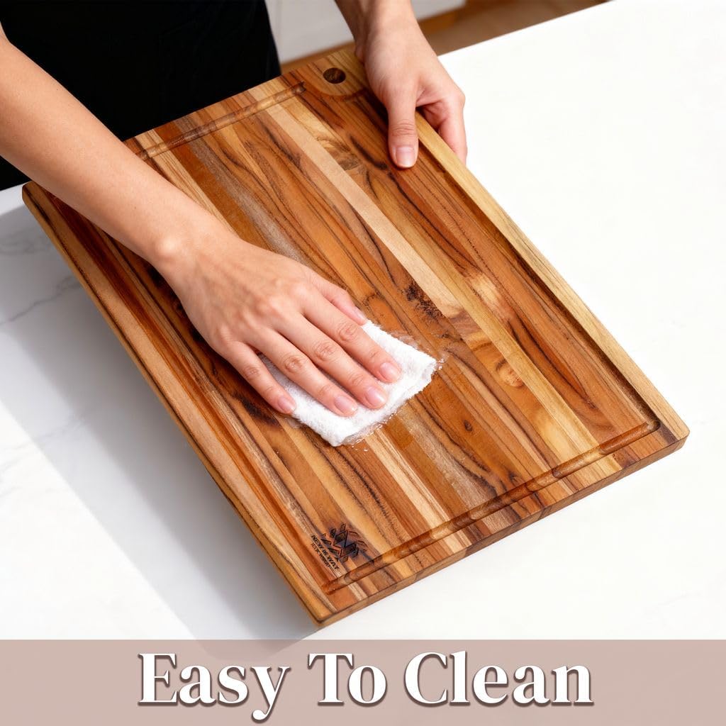 Teak Wood Cutting Board 18" x 14" x 0.6", 2-Piece Set for Kitchen Meat & Food Prep - Large Thin Edge Grain, Deep Juice Groove, Lightweight Solid Hardwood, Non-Toxic, BPA Free by New M Way