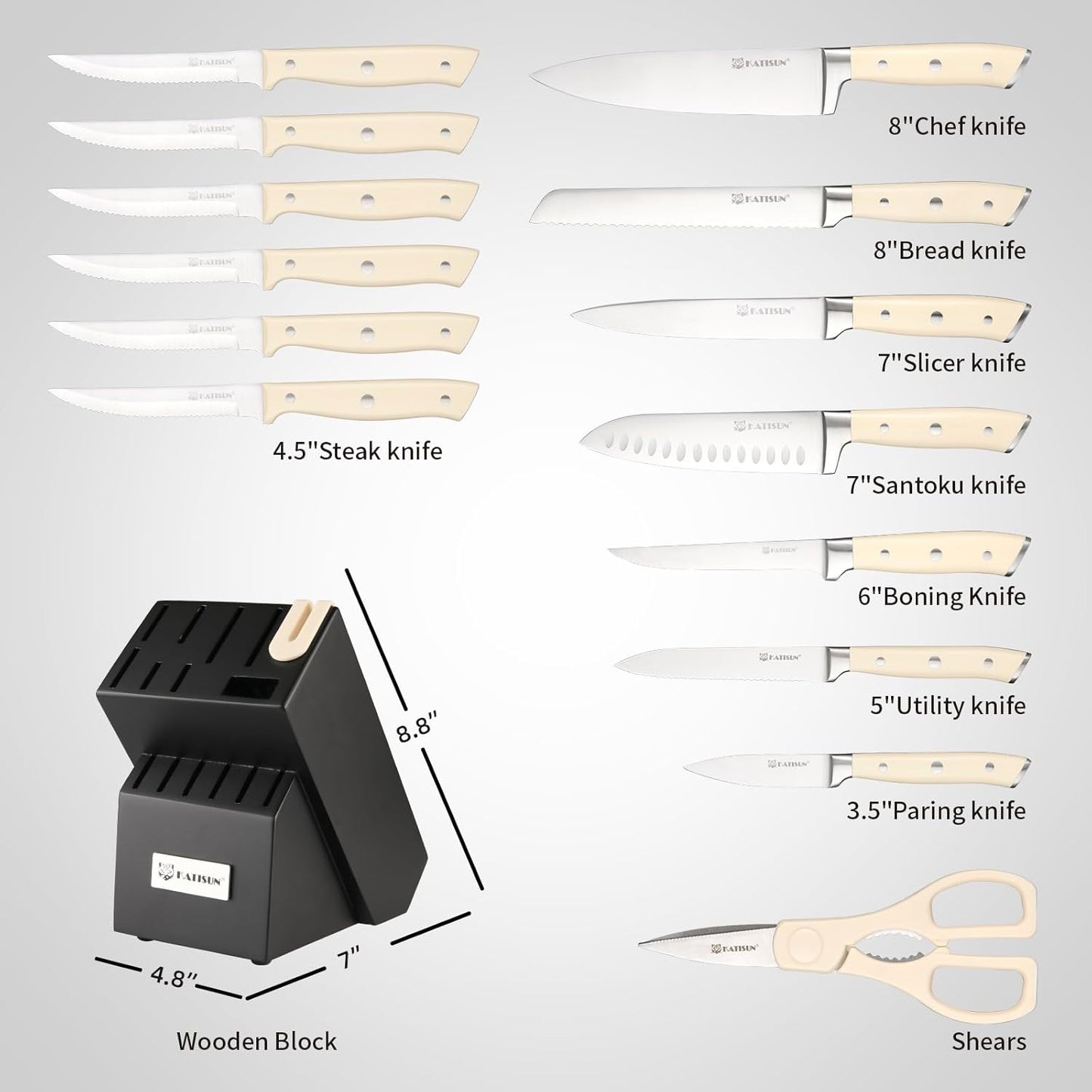 Kitchen Knife Set,14-Piece Knife Set With Block Wooden, Self Sharpening For Chef Knife Set, High Carbon German Stainless Steel Hammered Collection Knife Block Set, Dishwasher Safe Cutlery, Cream