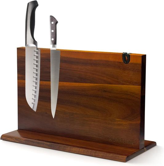 Magnetic Knife Block 14.9 x 10 inch Double Sided Magnetic Knife Holder Rack Acacia Wood Magnetic Knife Stand Knives Storage Rack with Knife Sharpener