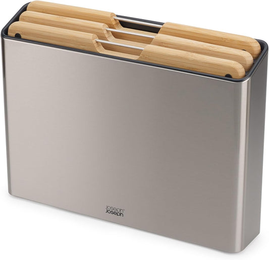 Joseph Joseph Folio 4-Piece Color-Coded Chopping Board Set, Stainless Steel Slimline Case for Organized Kitchen Storage, Light Stone