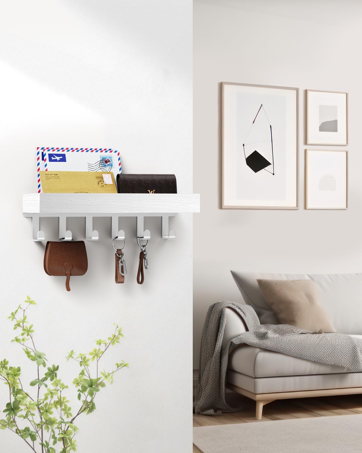 Key Holder Wall Mount Adhesive Magnetic - Hanging Key Hooks with Mail Organizer Tray for Wallet House - Keys Hanger Rack with Shelf for Camper Entryway Door Home Living Room Decor Large Black