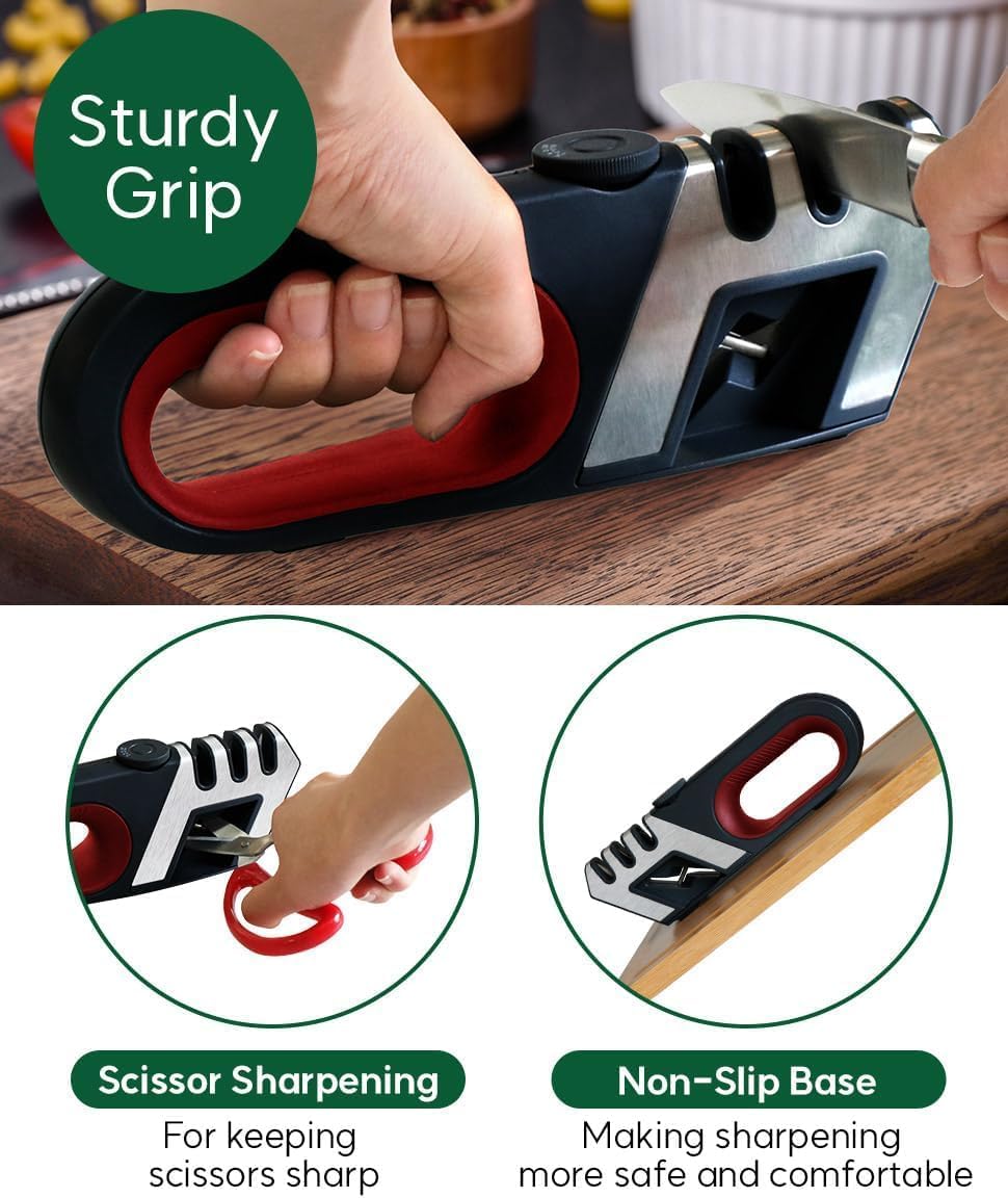 Hand held Knife Sharpener for Kitchen Knives - Scissor sharpener Tool - Adjustable Custom Sharpening System for All Blades, Ergonomic Handle, Non-Slip Base - Afilador De Cuchillos