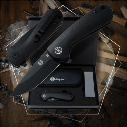 Holtzman's Gorilla Survival Peasant Folding Knife with G10 Tactical Handle, D2 Steel Blade, Gift Box Set (Black+Blue) - Great for Everyday Carry