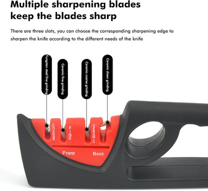 NileHome 4-in-1 Knife Sharpener, Professional kitchen knife sharpeners are suitable for steel knives, fruit knives, scissors, and all kinds of knives—Black Red