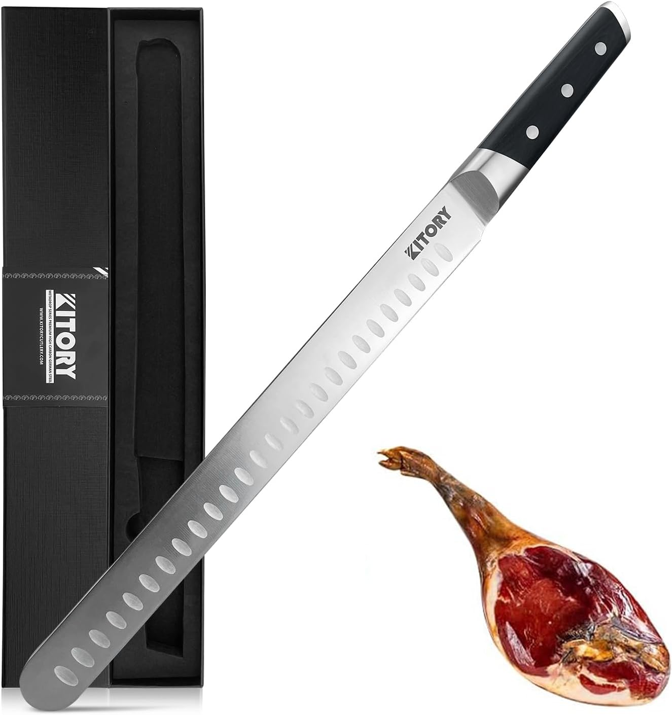 Kitory Slicing Carving Knife - 12" Brisket Knife - Pakka Wood Handle - Forged German High Carbon Steel Granton Blade, BBQ, Grilling Gifts For Men -Metadrop Series