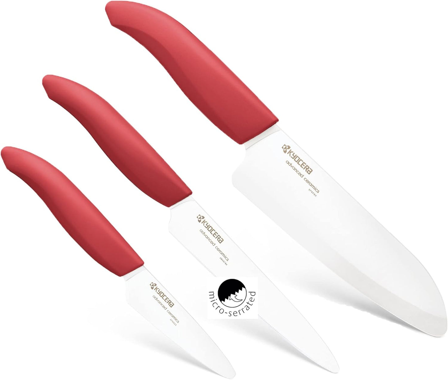 Kyocera Advanced Ceramics – Revolution Series 3-Piece Ceramic Knife Set: Includes 6-inch Chef's Knife; 5-inch Micro Serrated Knife; and 3-inch Paring Knife; Black Handles with White Blades
