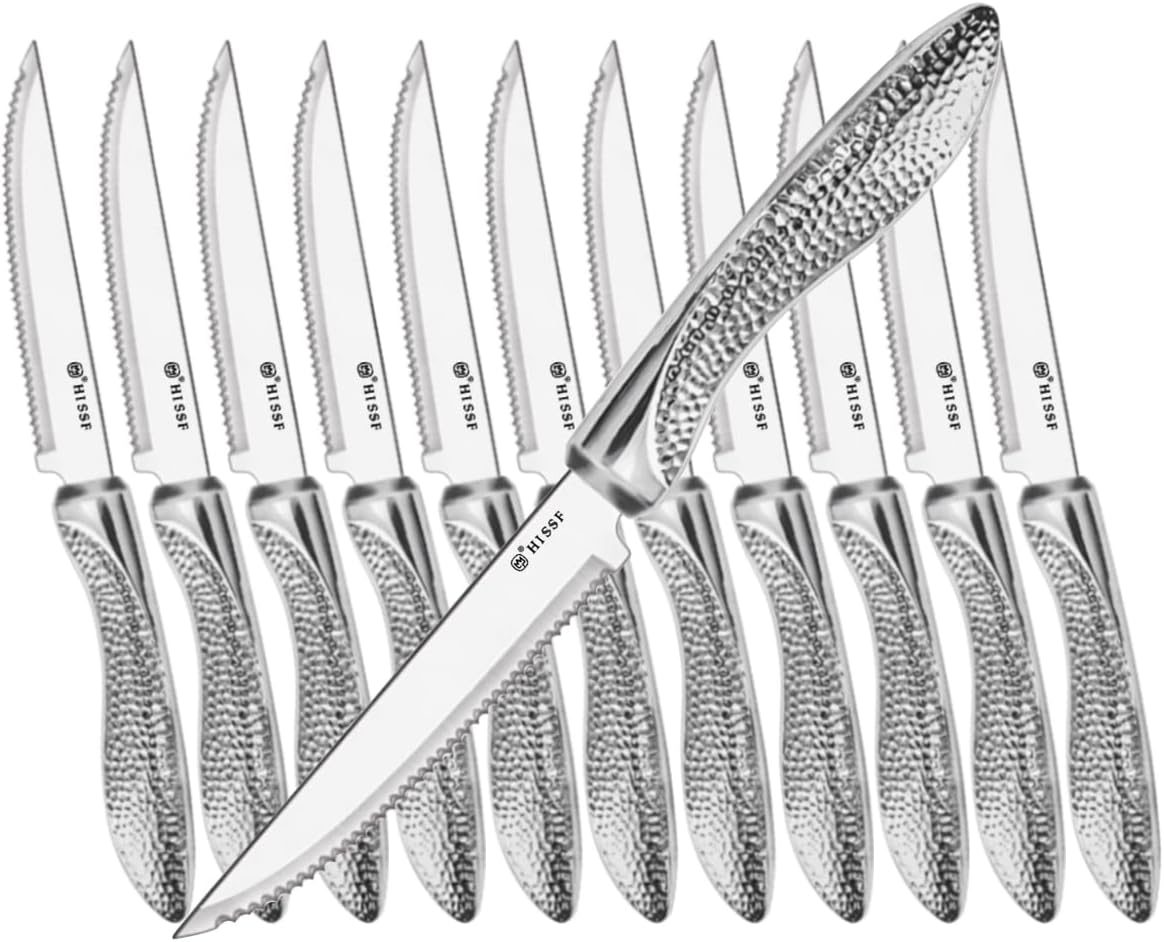Serrated Steak Knives Set of 12, Stainless Steel Sharp Blade Flatware Steak Knife Set, Hammered Pattern Hollowed Handle,4.5 In,For Kitchen Restaurant Tableware,Dishwasher Safe