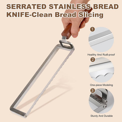 Sourdough Bread Slicer for Homemade Bread, Stainless Steel Serrated Bread Knife with Wooden Handle and 6 Precise Scale Markings, Manual Bread Slicer Cutter, Bread Bow Knife