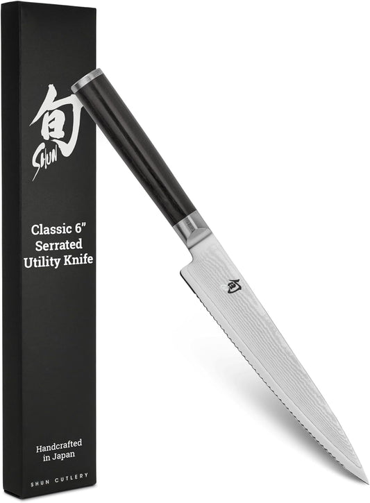Shun Classic 6" Serrated Utility Knife, Handcrafted Japanese Knife, VG-MAX Core with Damascus Stainless Steel Cladding, Pakkawood Handle, Precision and Sharpness for Professional and Home Chefs