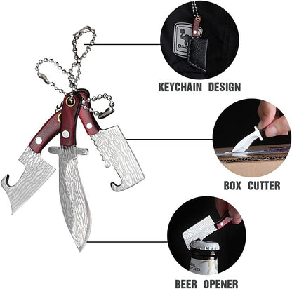 Damascus Pocket Knife Set Mini Chef Tiny Cleaver for Package Opener Box Cutter - of 4